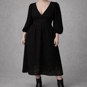 River Island Black Eyelet Midi Dress | Size 14 | Lined | Puff Sleeves
